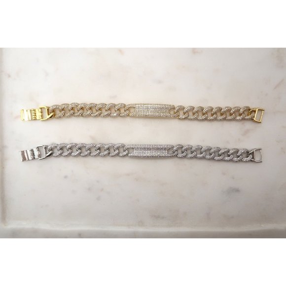 Gold Plated 12mm Pave Diamond CZ Cuban Link ID Bracelet, Cuban Link Bar Bracelet - Picture 4 of 8